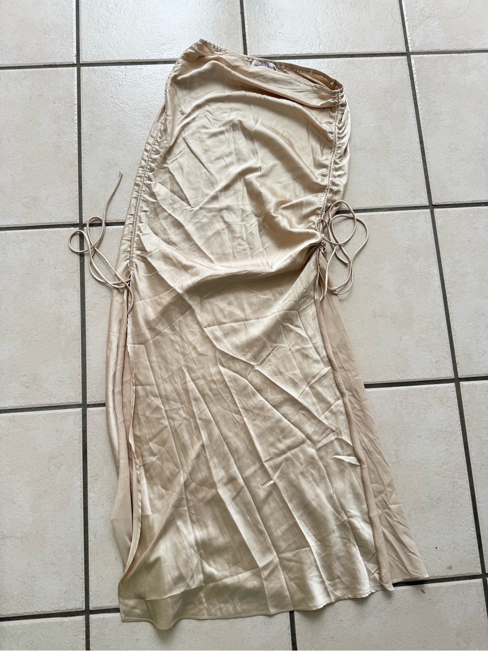 Adjustable Drawstring Satin Maxi Skirt in Beige